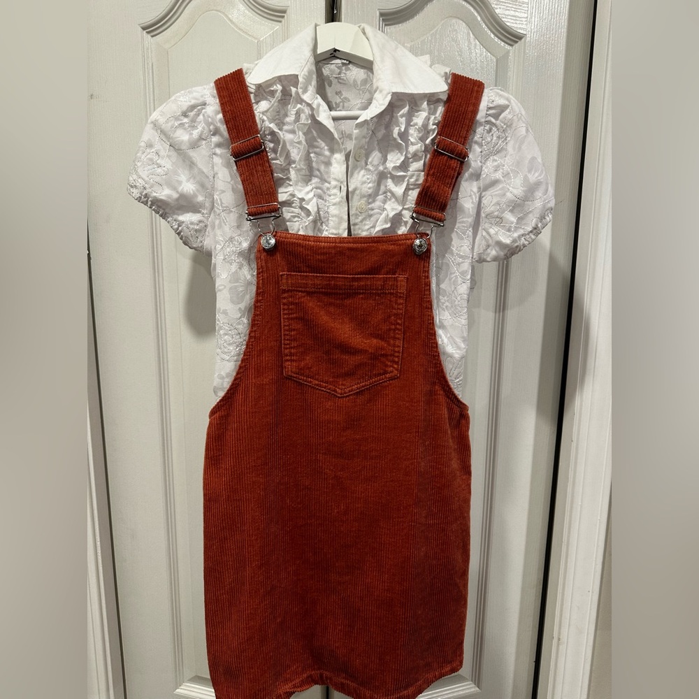 Rust Corduroy Overall Dress small women’s ,White Blouse not for sale, Forever 21